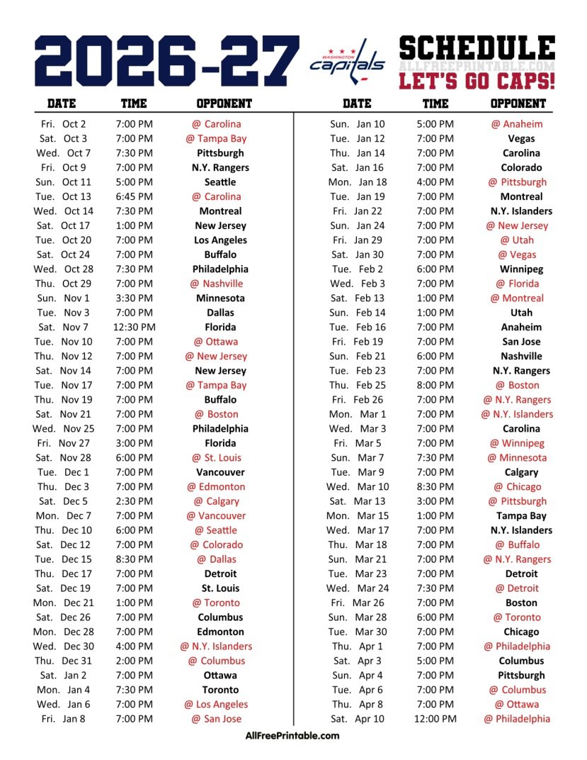 Free Printable 2026-27 Washington Capitals Schedule PDF