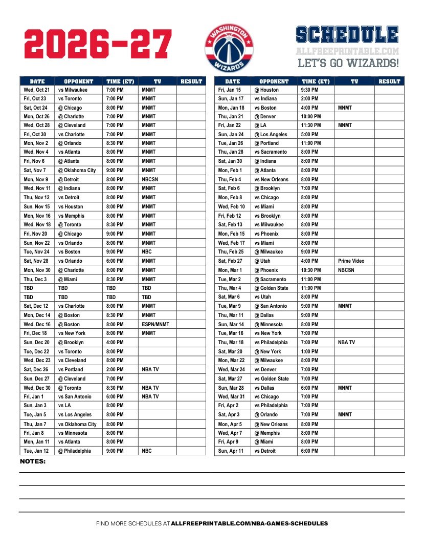 Free Printable 2026-27 Washington Wizards Schedule PDF