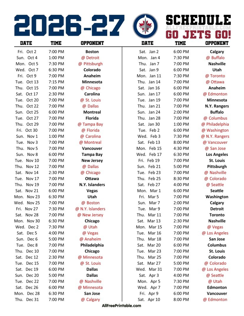 Free Printable 2026-27 Winnipeg Jets Schedule PDF