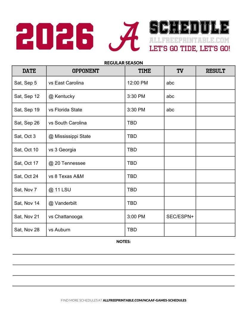 Free Printable 2026 Alabama Crimson Tide NCAAF Schedule PDF