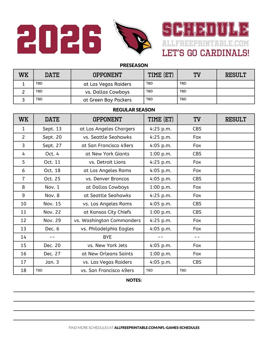 Free Printable 2026 Arizona Cardinals Schedule
