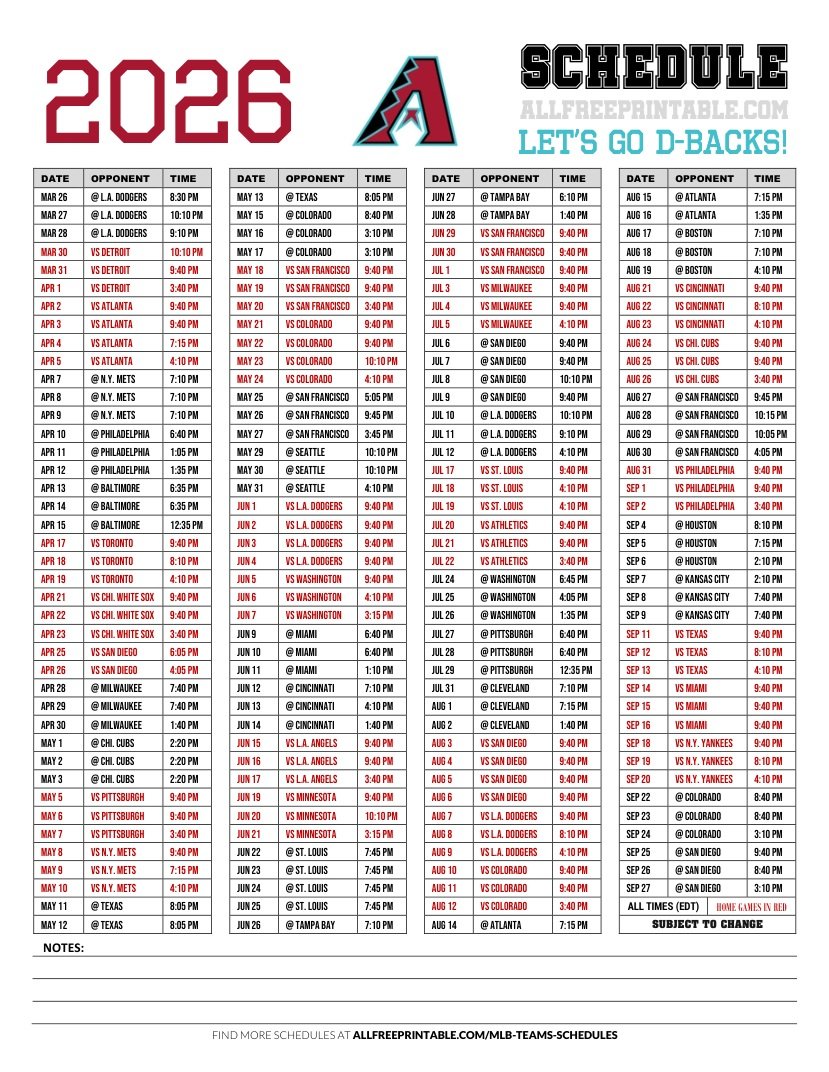 Free Printable 2026 Arizona Diamondbacks Games Schedule