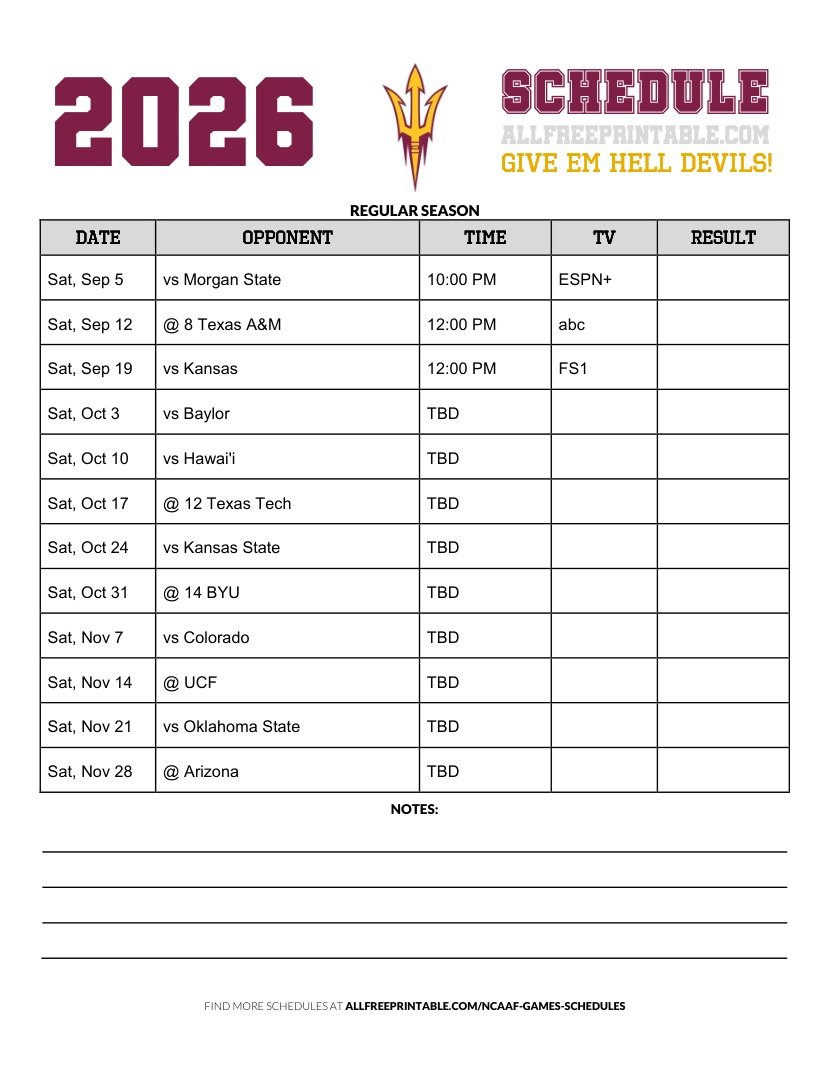 Free Printable 2026 Arizona State Sun Devils NCAAF Schedule PDF