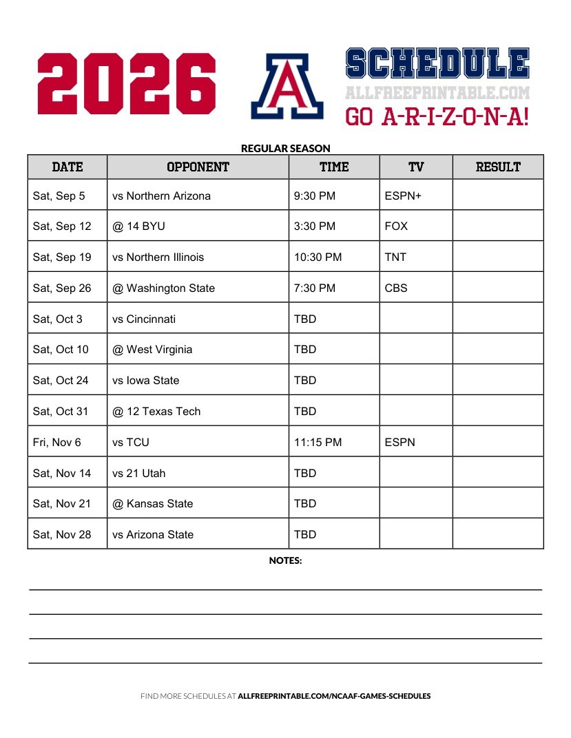 Free Printable 2026 Arizona Wildcats NCAAF Schedule PDF
