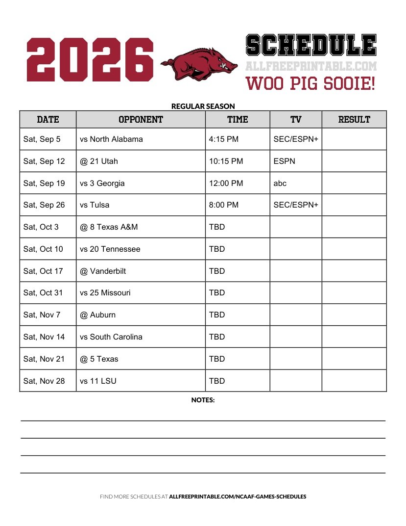 Free Printable 2026 Arkansas Razorbacks NCAAF Schedule PDF
