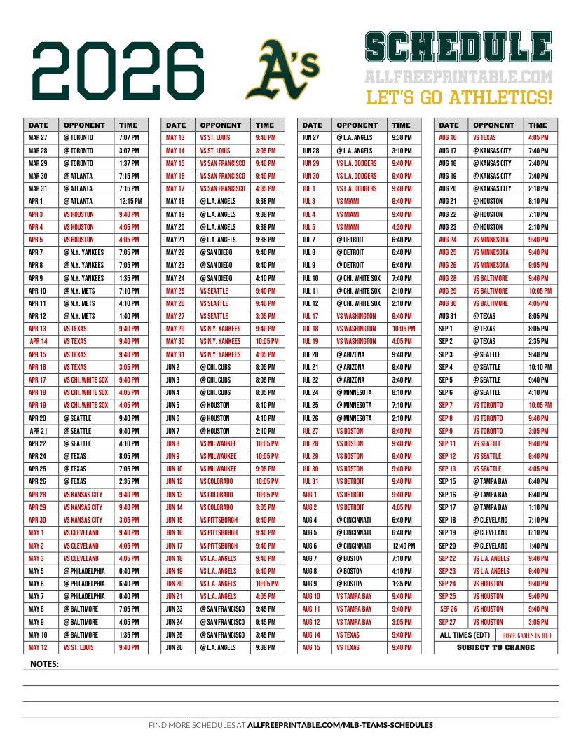 Free Printable 2026 Athletics Schedule