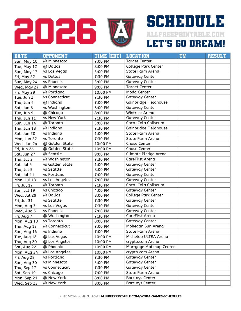 Free Printable 2026 Atlanta Dream Schedule Free Printable 2026 Atlanta Dream Schedule