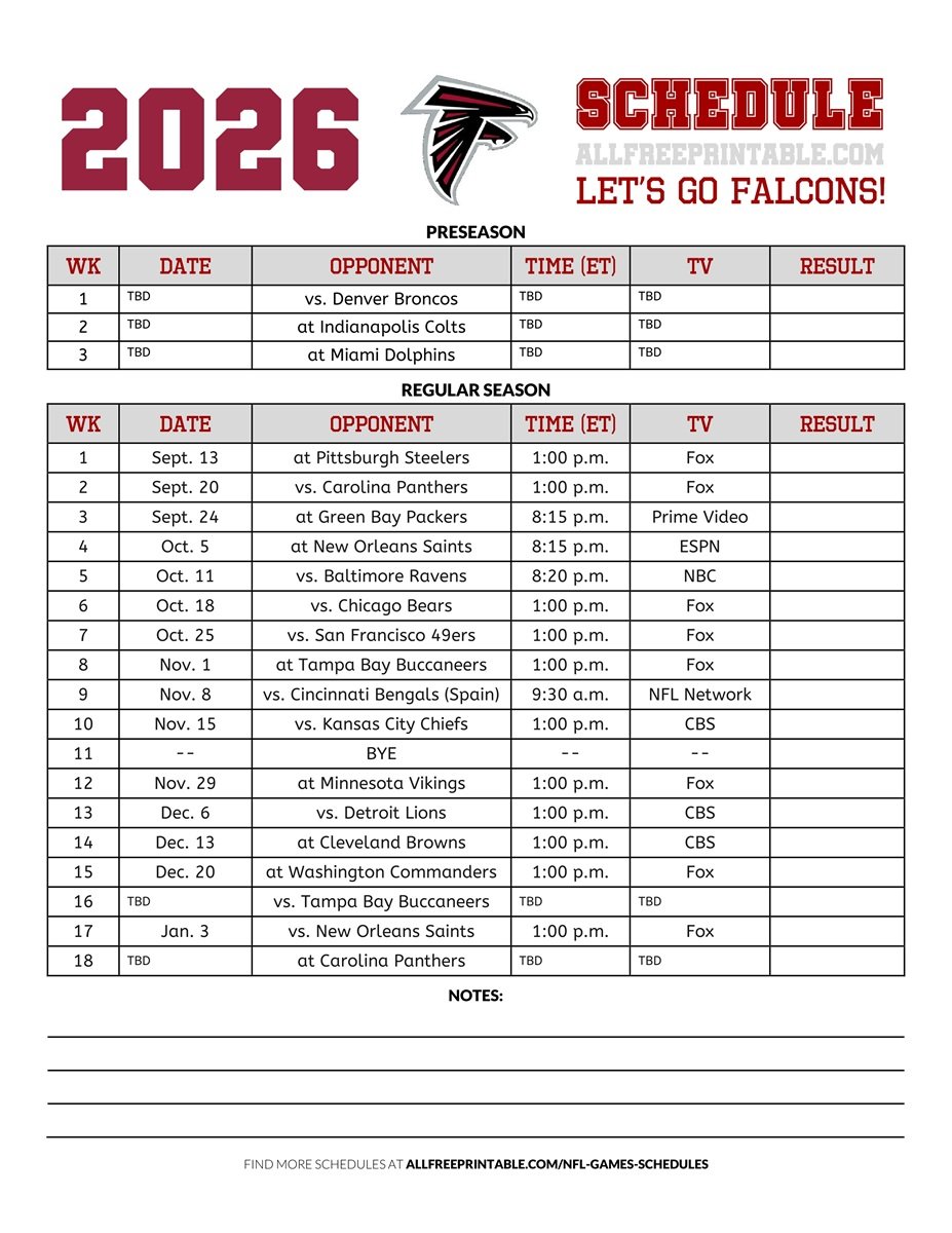 Free Printable 2026 Atlanta Falcons Schedule