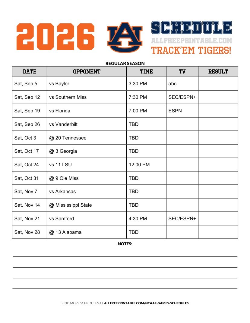 Free Printable 2026 Auburn Tigers NCAAF Schedule