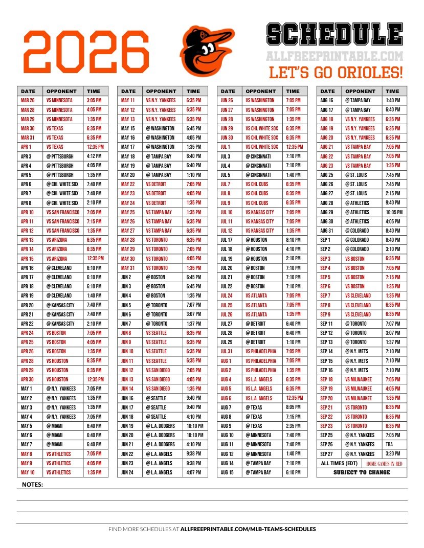 Free Printable 2026 Baltimore Orioles Games Schedule