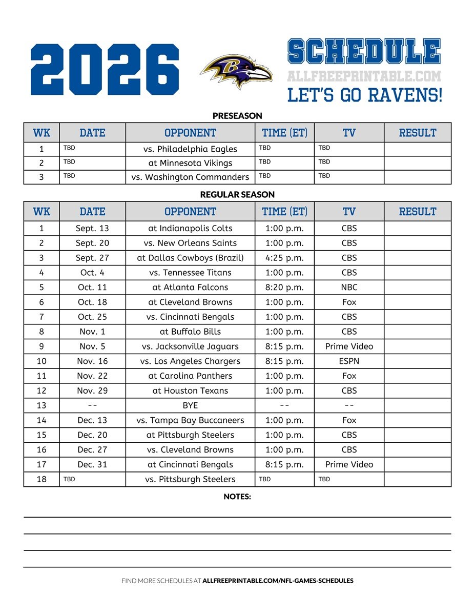 Free Printable 2026 Baltimore Ravens Schedule