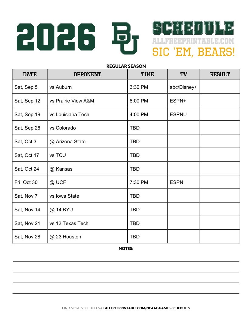 Free Printable 2026 Baylor Bears NCAAF Schedule PDF