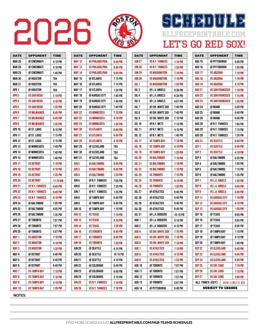 Free Printable 2026 Boston Red Sox Games Schedule