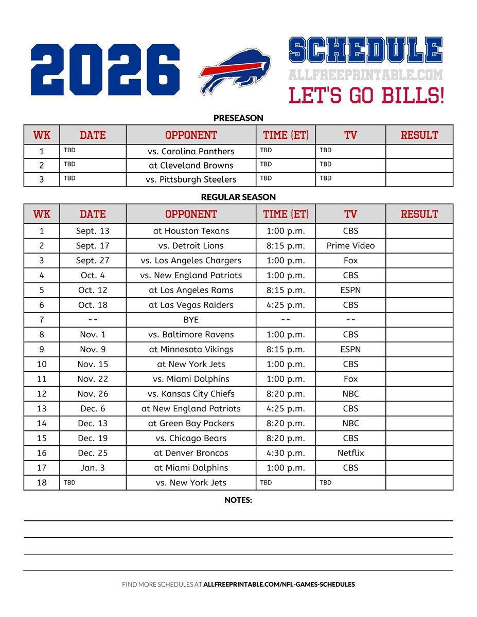 Free Printable 2026 Buffalo Bills Schedule