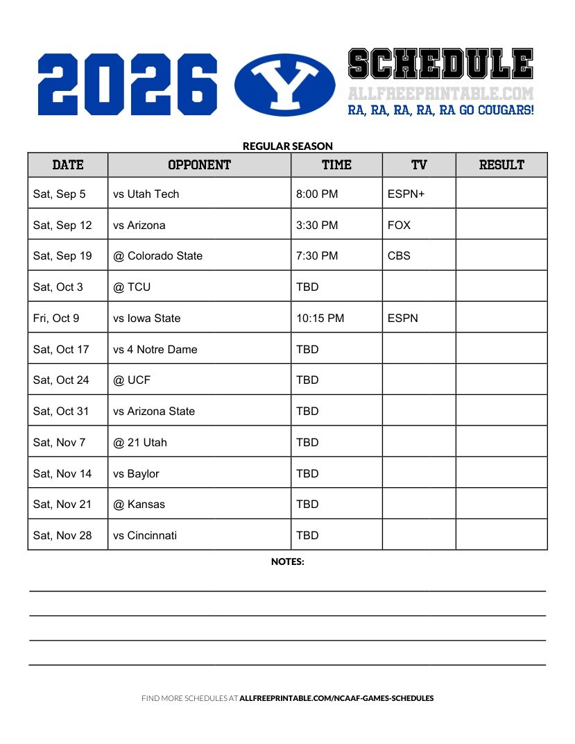 Free Printable 2026 BYU Cougars NCAAF Schedule PDF