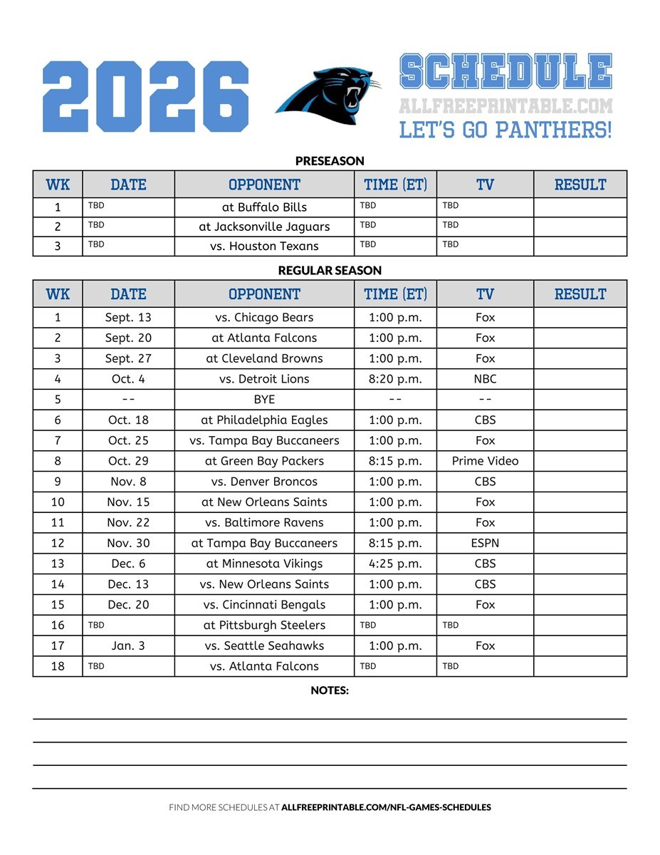 Free Printable 2026 Carolina Panthers Schedule