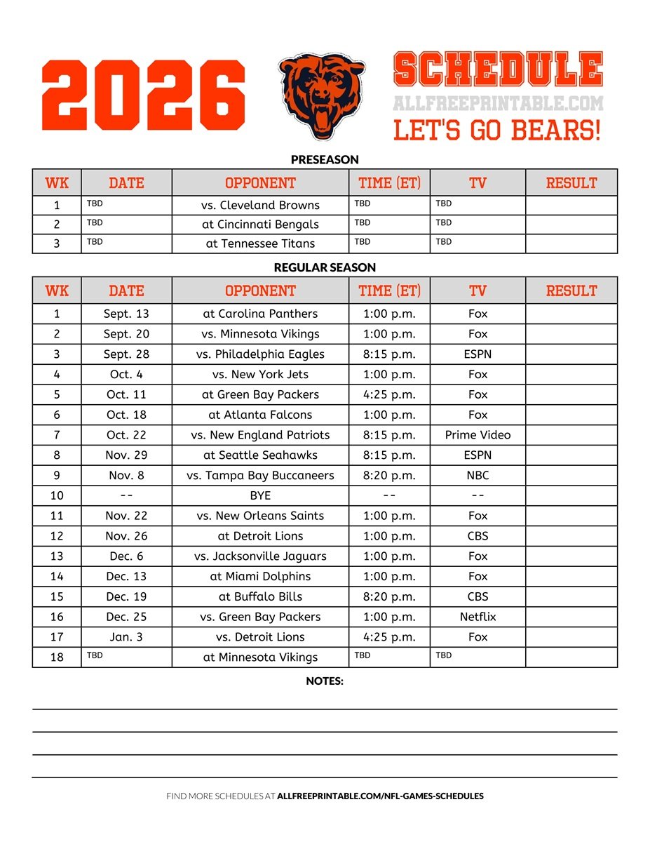 Free Printable 2026 Chicago Bears Schedule