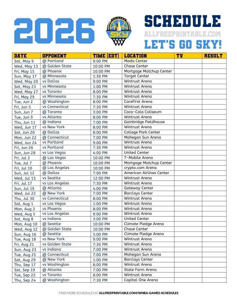 Free Printable 2026 Chicago Sky Schedule Free Printable 2026 Chicago Sky Schedule