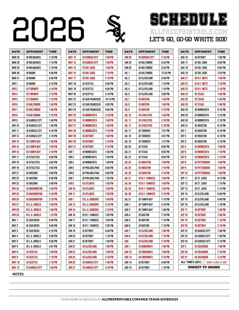 Free Printable 2026 Chicago White Sox Games Schedule Free Printable 2026 Chicago White Sox Games Schedule