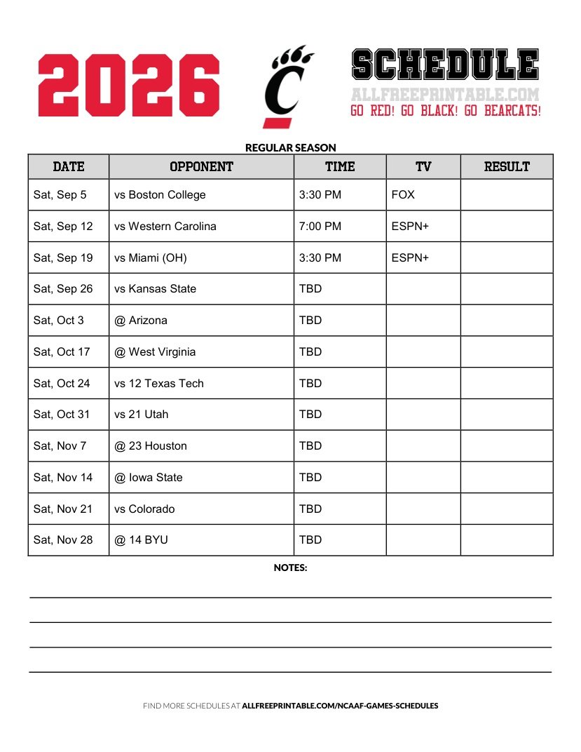 Free Printable 2026 Cincinnati Bearcats NCAAF Schedule PDF