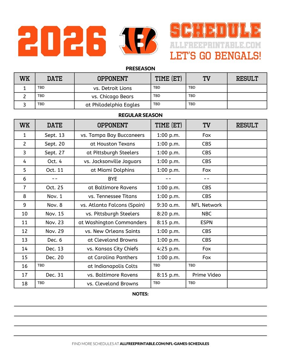 Free Printable 2026 Cincinnati Bengals Schedule