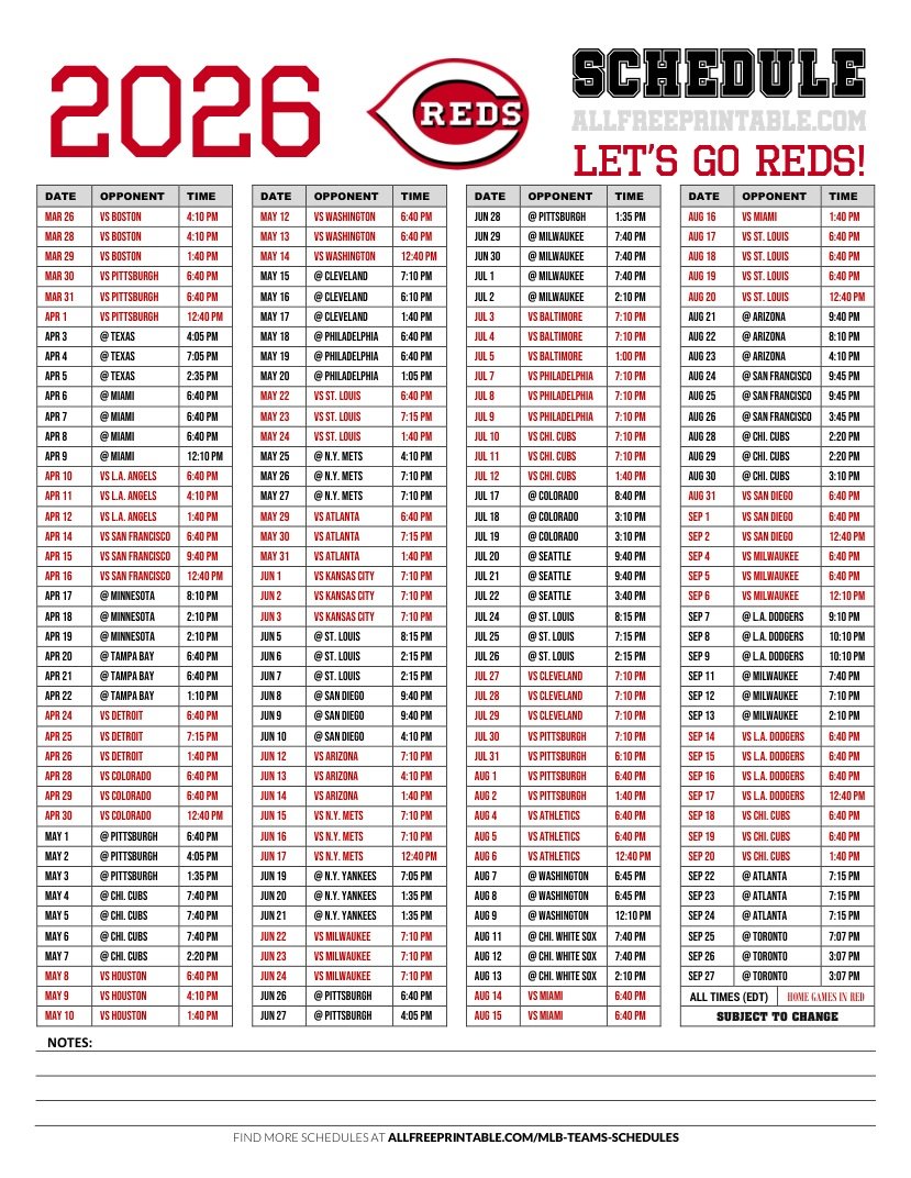 Free Printable 2026 Cincinnati Reds Games Schedule Free Printable 2026 Cincinnati Reds Games Schedule