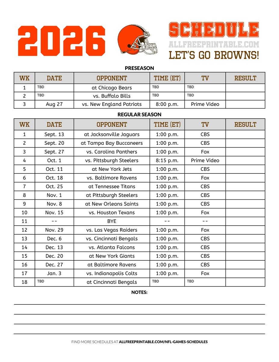 Free Printable 2026 Cleveland Browns Schedule