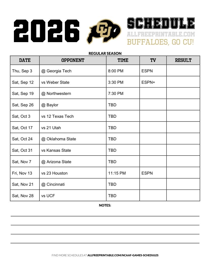 Free Printable 2026 Colorado Buffaloes NCAAF Schedule PDF