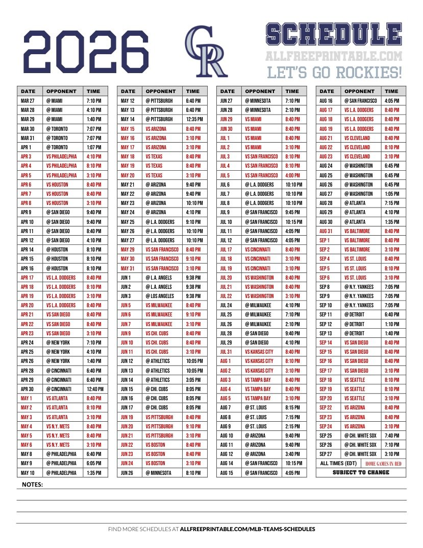 Free Printable 2026 Colorado Rockies Games Schedule Free Printable 2026 Colorado Rockies Games Schedule