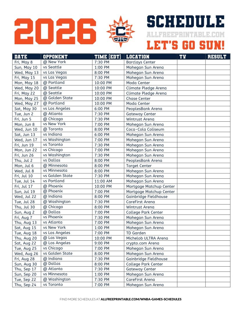 Free Printable 2026 Connecticut Sun Schedule Free Printable 2026 Connecticut Sun Schedule