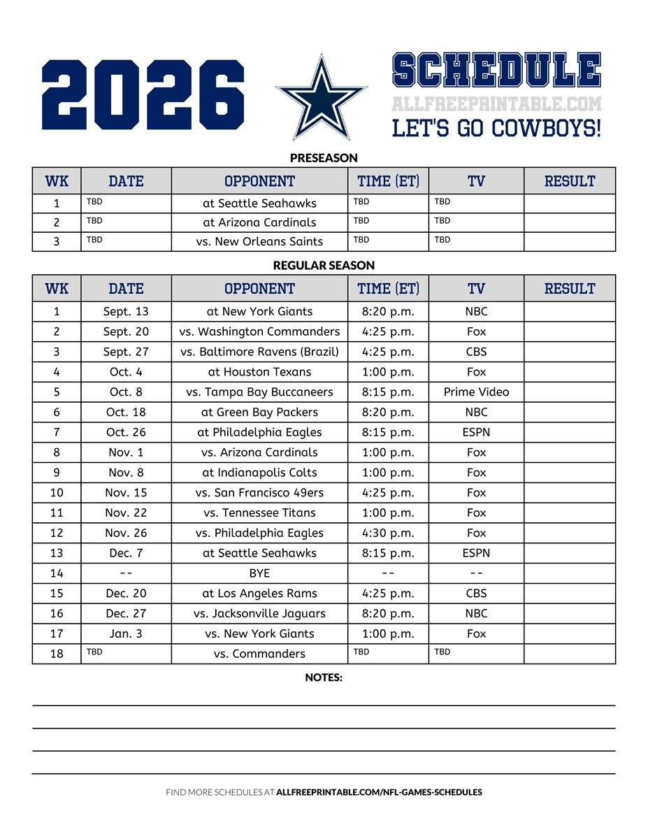 Free Printable 2026 Dallas Cowboys Schedule