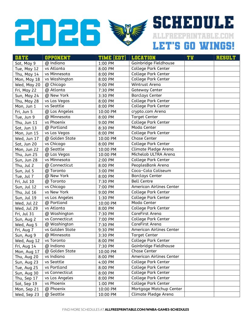 Free Printable 2026 Dallas Wings Schedule