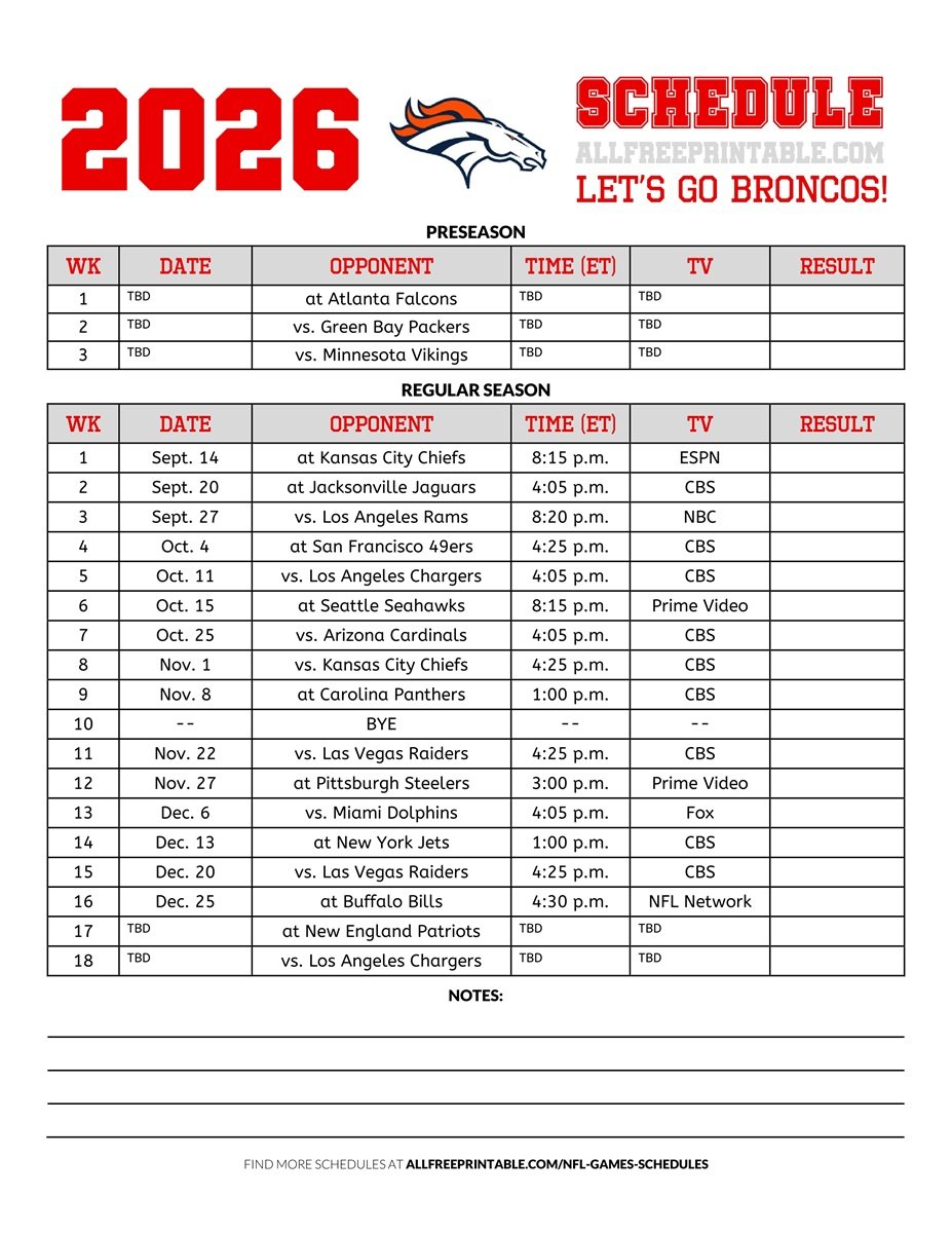Free Printable 2026 Denver Broncos Schedule