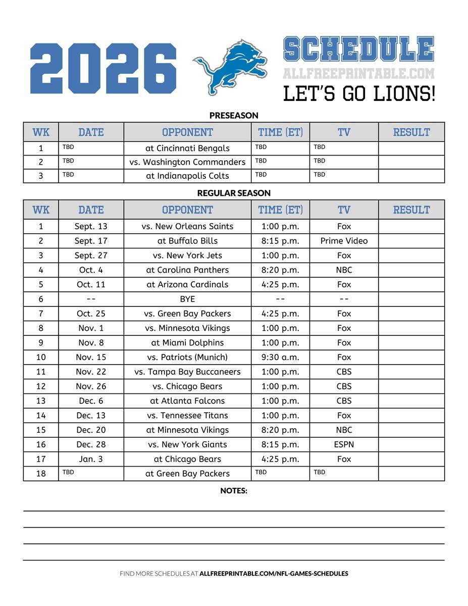 Free Printable 2026 Detroit Lions Schedule PDF