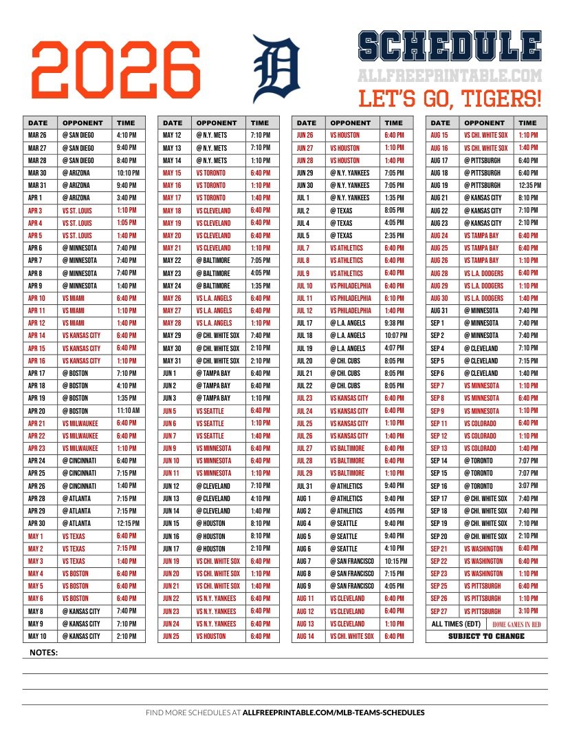Free Printable 2026 Detroit Tigers Games Schedule