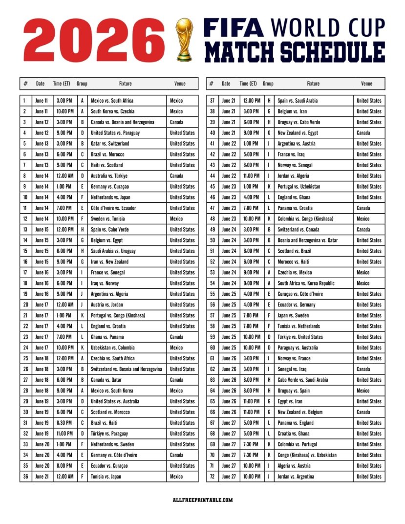 Free Printable 2026 FIFA World Cup Match Schedule PDF