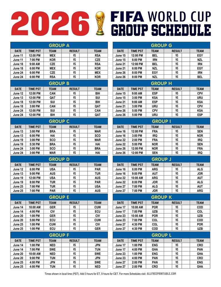 2026 FIFA World Cup Schedule PDF Pacific Time PST