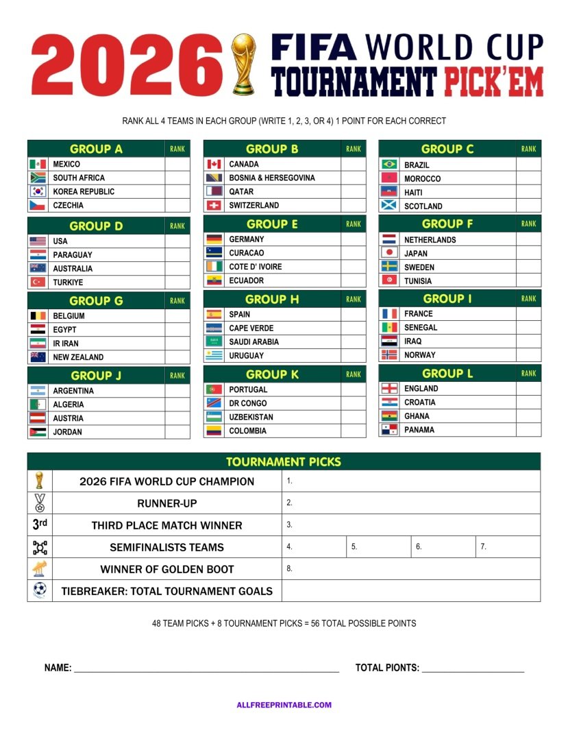Free Printable 2026 FIFA World Cup Tournament Pick'em Sheet PDF