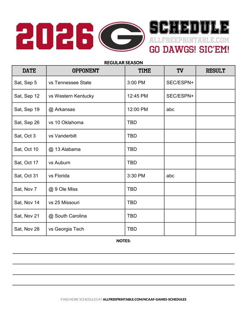 Free Printable 2026 Georgia Bulldogs NCAAF Schedule PDF