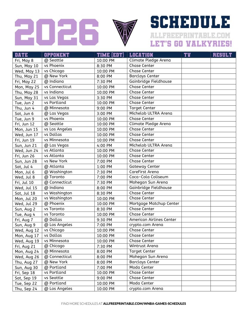 Free Printable 2026 Golden State Valkyries Schedule