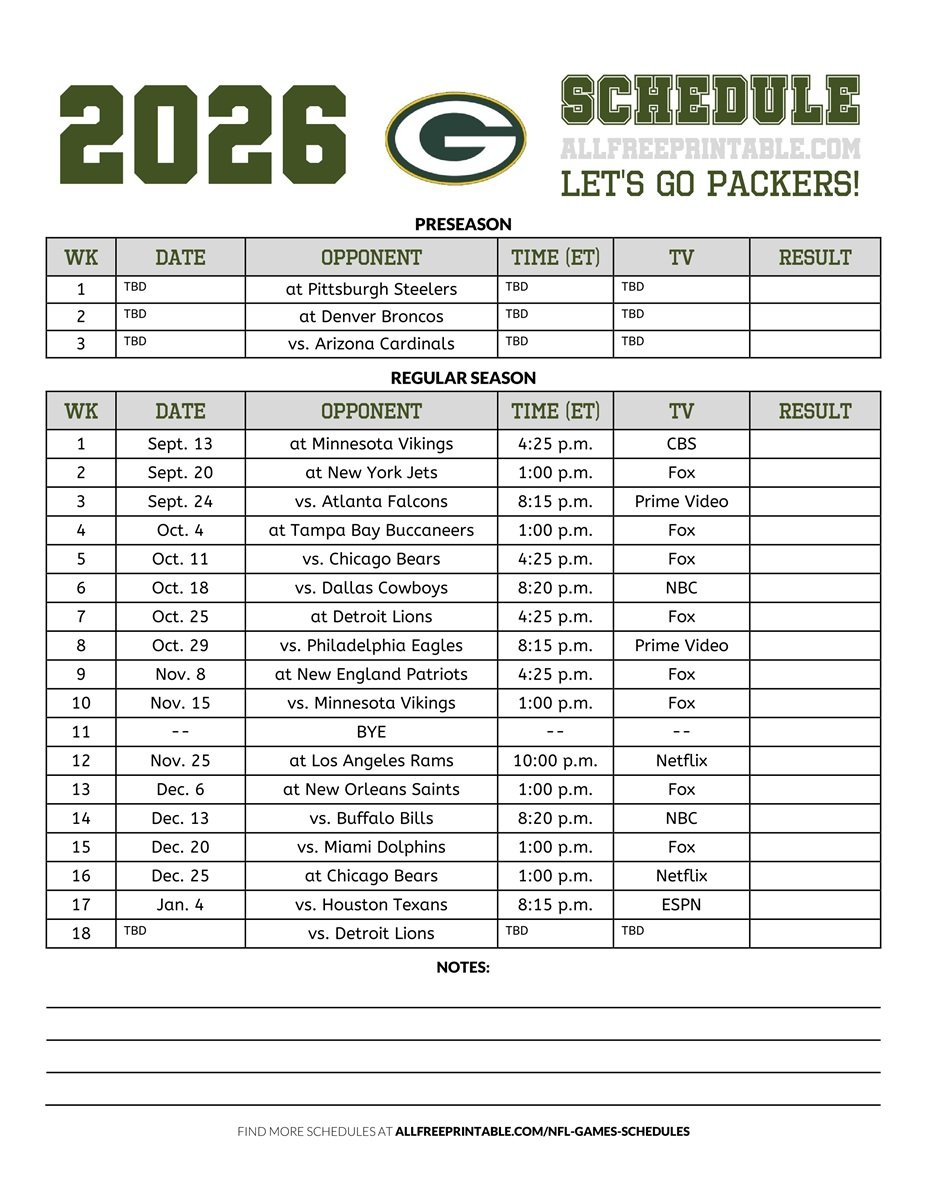 Free Printable 2026 Green Bay Packers Schedule