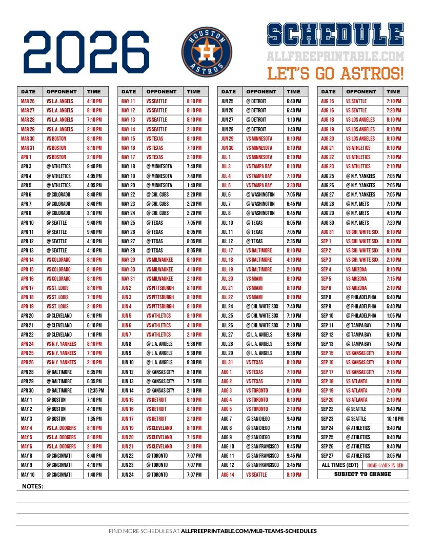 Free Printable 2026 Houston Astros Games Schedule