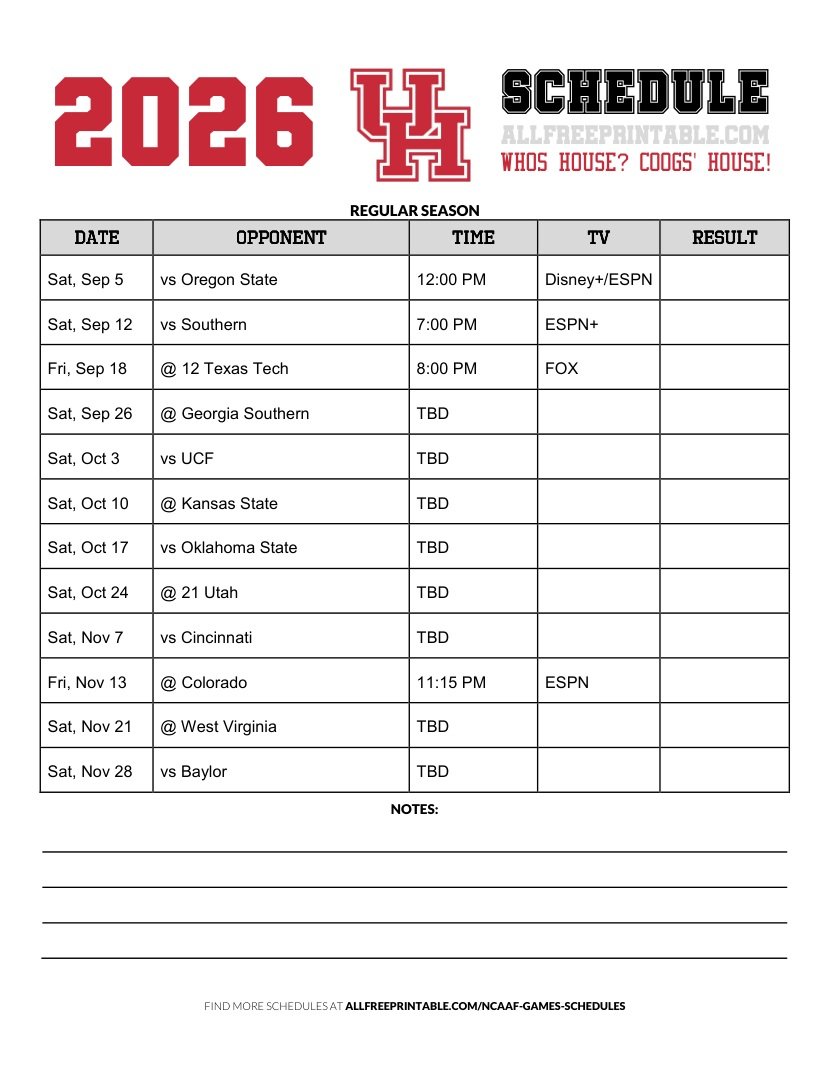 Free Printable 2026 Houston Cougars NCAAF Schedule PDF