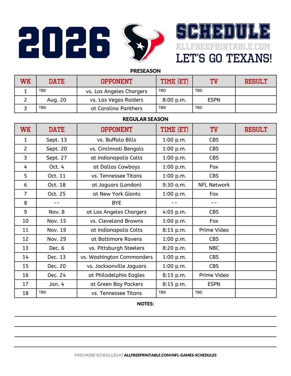 Free Printable 2026 Houston Texans Schedule PDF