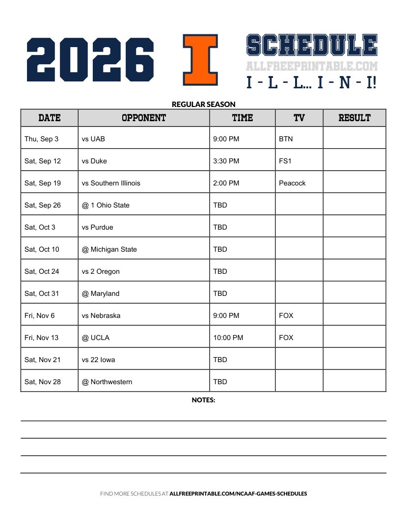 Free Printable 2026 Illinois Fighting Illini NCAAF Schedule PDF
