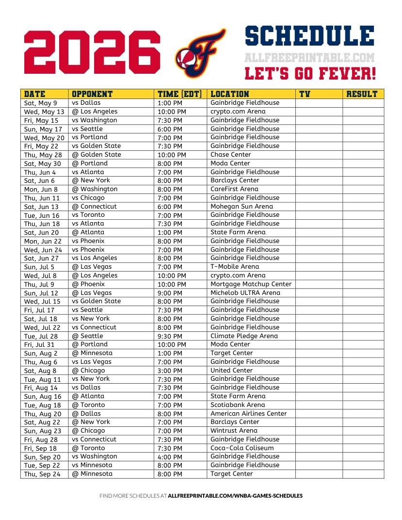 Free Printable 2026 Indiana Fever Schedule PDF