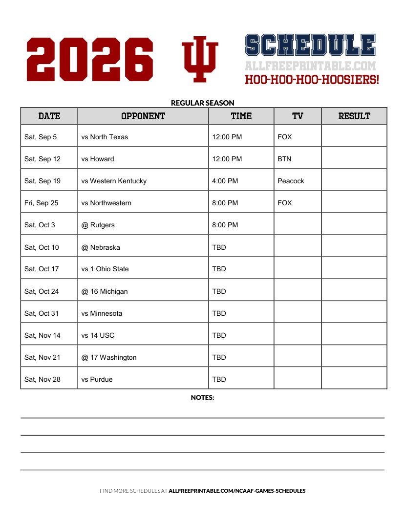 Free Printable 2026 Indiana Hoosiers NCAAF Schedule PDF