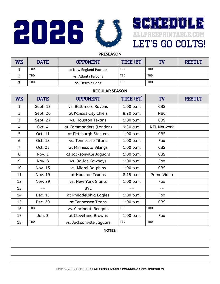 Free Printable 2026 Indianapolis Colts Schedule PDF