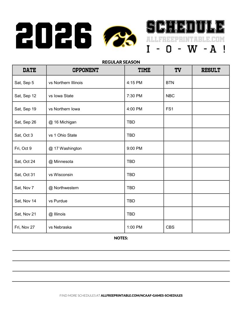 Free Printable 2026 Iowa Hawkeyes NCAAF Schedule PDF