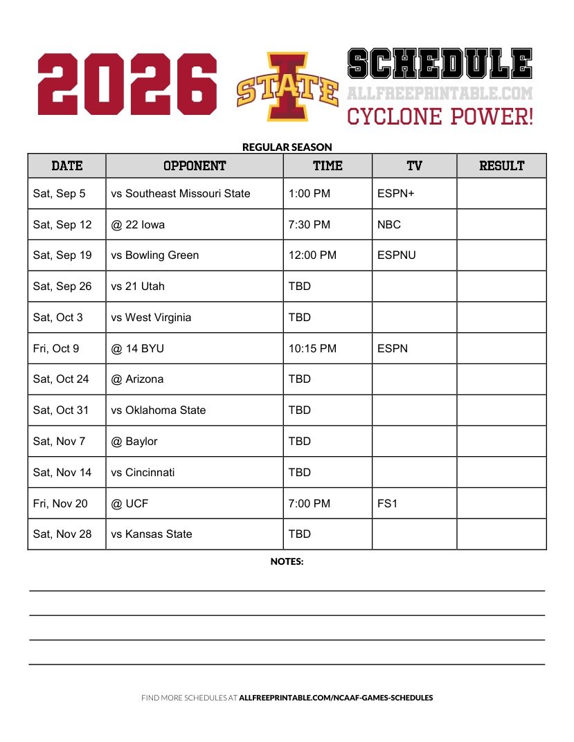Free Printable 2026 Iowa State Cyclones NCAAF Schedule PDF